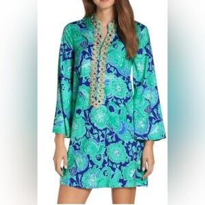 Lilly Pulitzer Tropical Print Tunic Zipper Dress Blue & Gold - Sz 8